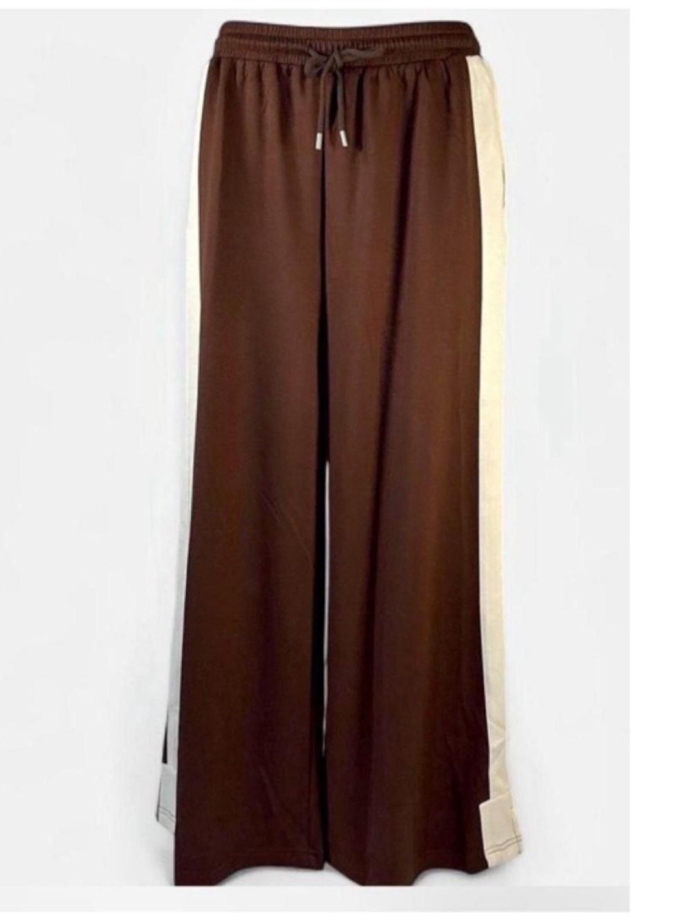 NWT JODIFL Chocolate Brown Wide Leg Track Pants Cream Side Stripe Drawstring M